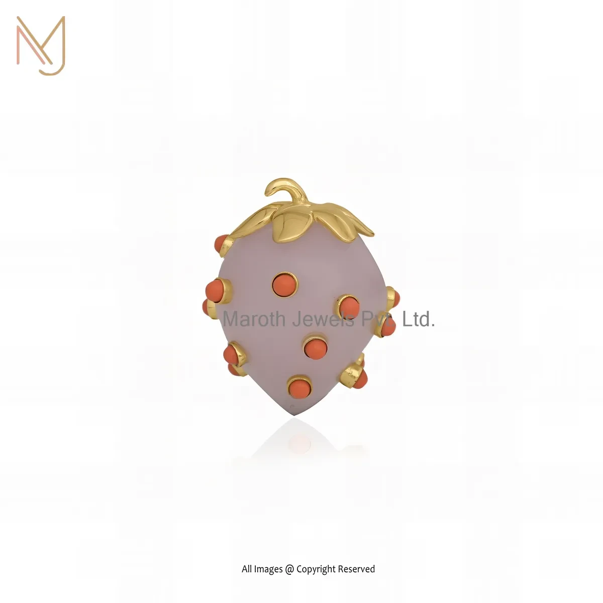 Private Lable 925 Silver Yellow Gold Plated Rose Quartz And Orange Coral Strawberry Pendant