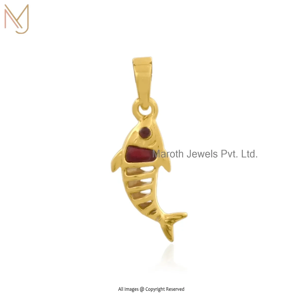 14K Yellow Gold Garnet Fish Bone Pendant Jewelry Supplier