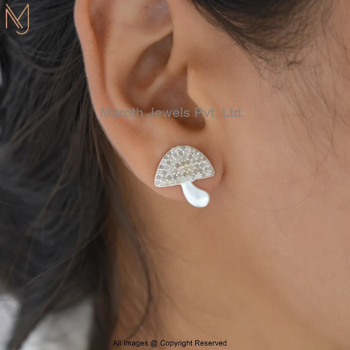 925 Silver Natural Silver Plated Diamond Mushroom Stud Earring Jewelry Supplier