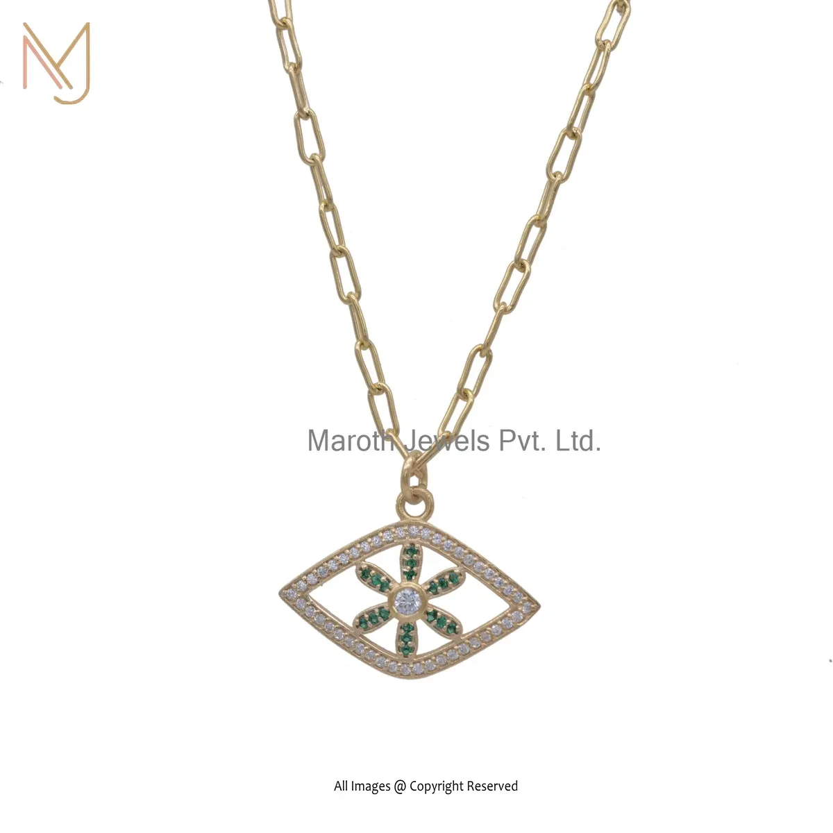 Private Lable 14K Yellow Gold Cubic Zircon And Green Onyx Evil Eye Pendant