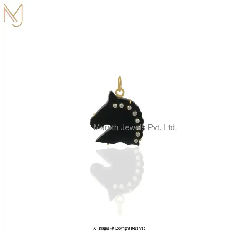 925 Silver Yellow Gold Black Onxy & White Cubic Zircoina Gold Unicorn Pendant USA