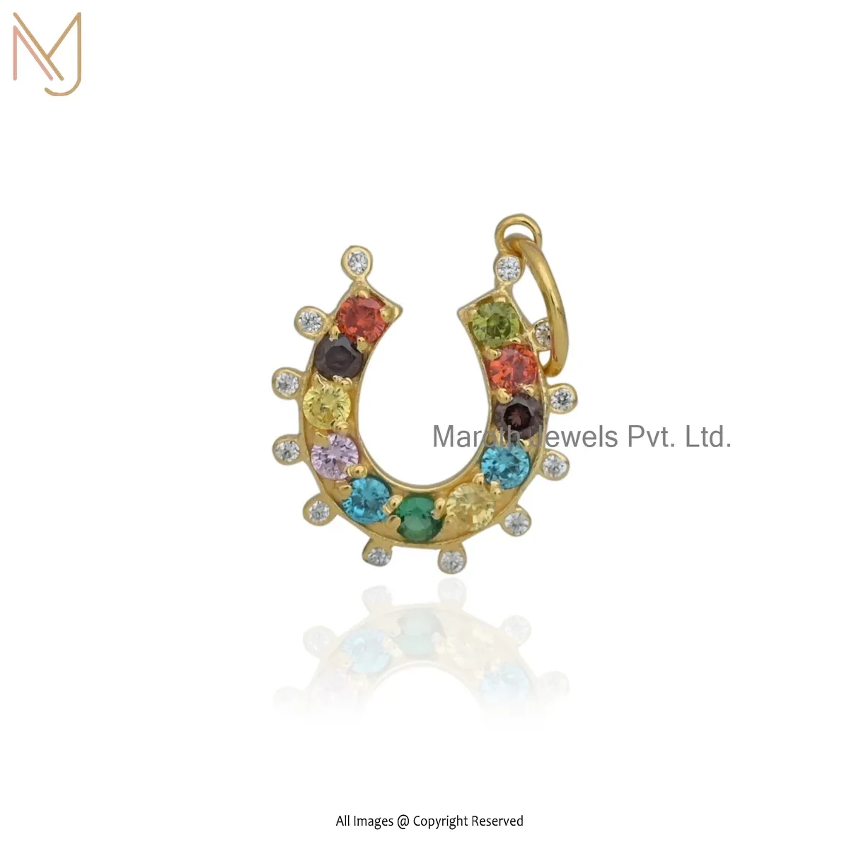 Private Lable 925 Silver Yellow Gold Plated Cubic Zircon & Multi Gemstone Horseshoe Charm Pendant