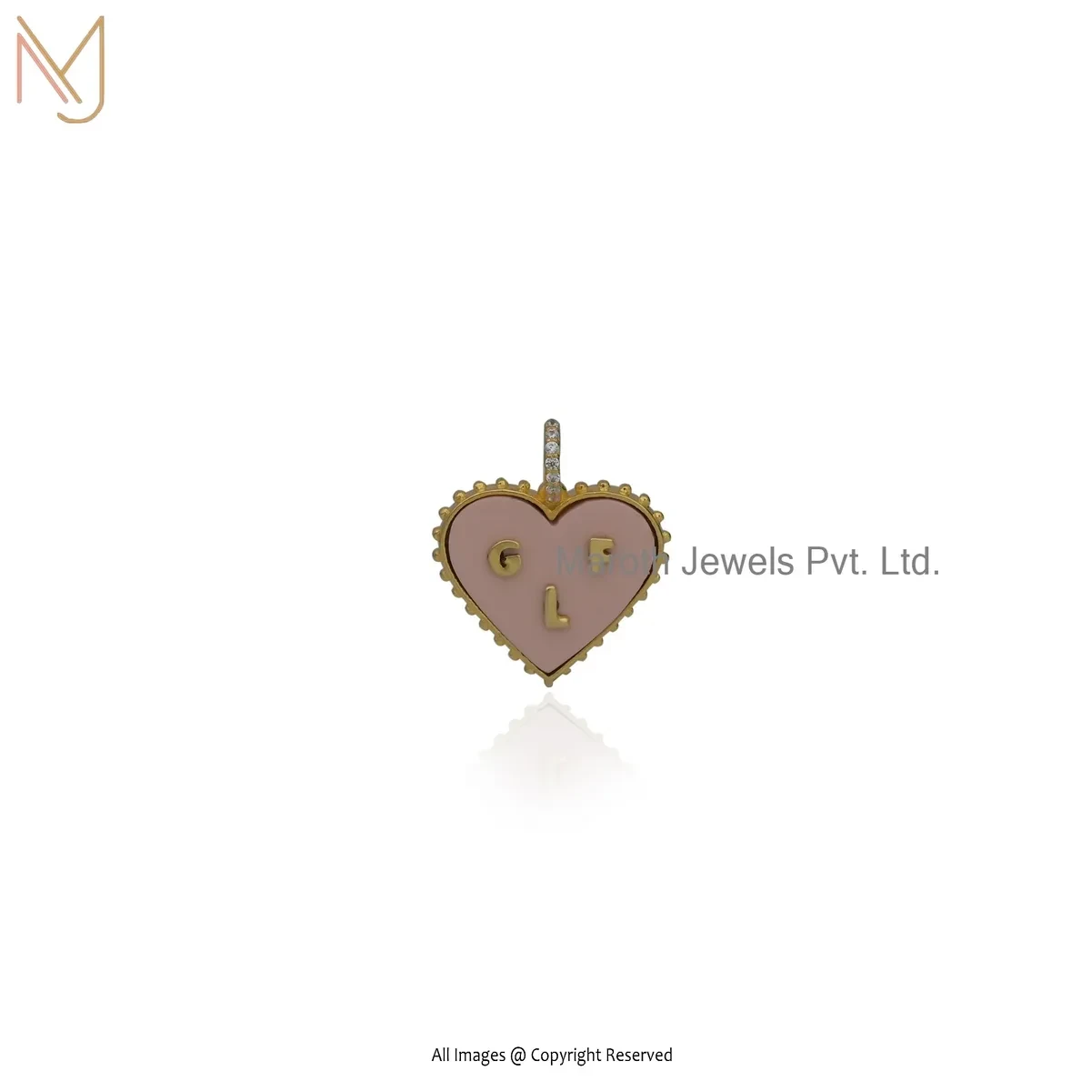 Wholesale 925 Silver Yellow Gold Plated Cubic Zircon & Pink Opal Gemstone Bespoke Letter Heart Pendant
