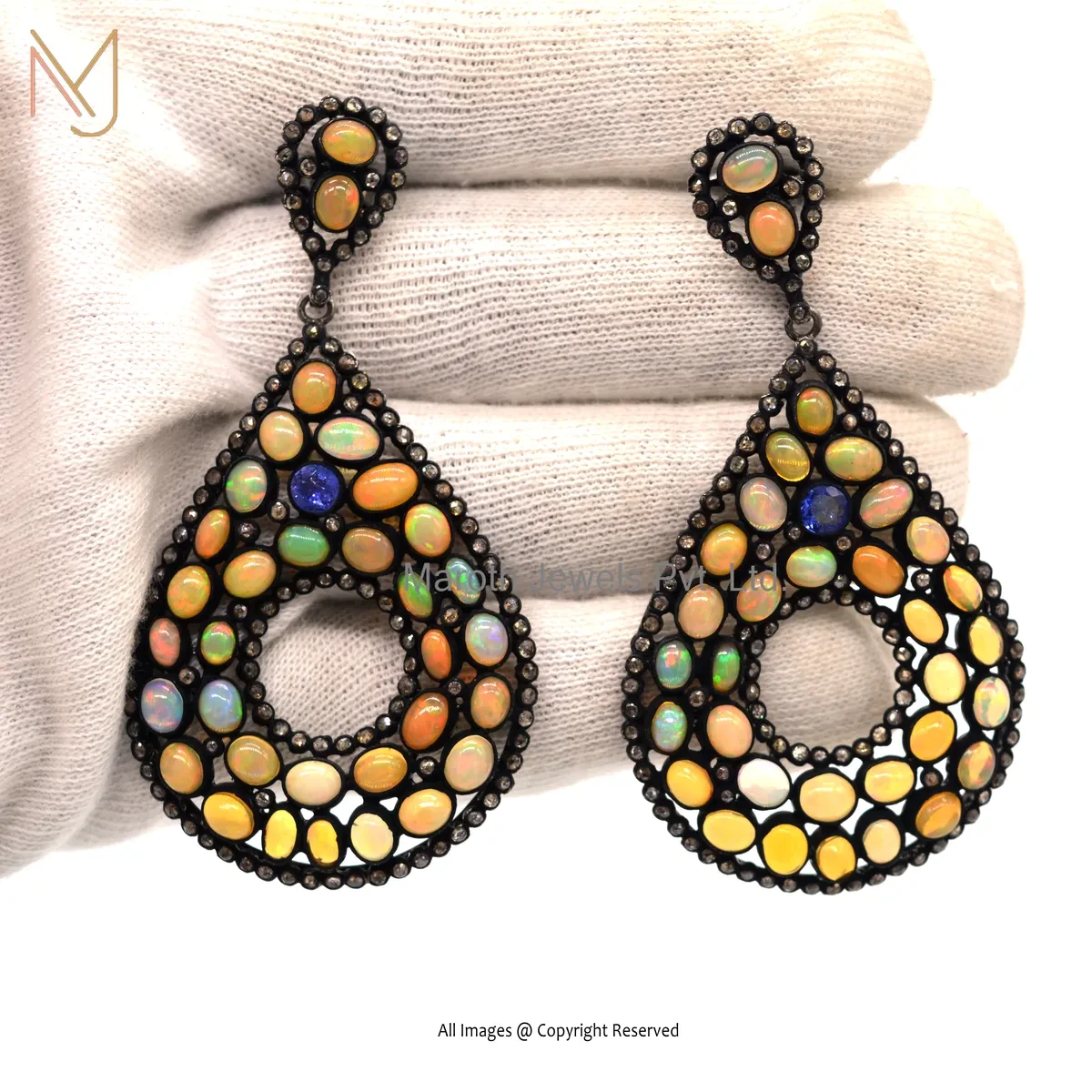 Wholesale 925 Silver Rhodium Plated Pave Diamond Tanzanite & Opal Gemstone Drop Earring