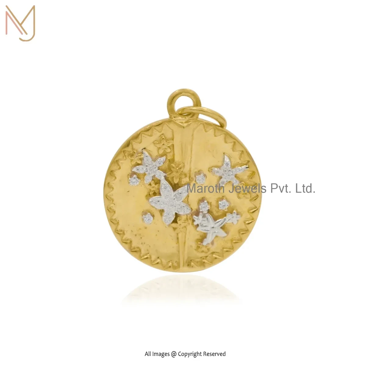 Private Lable 925 Silver Yellow Gold Plated Diamond & Cubic Zircon Flower Disc Pendant