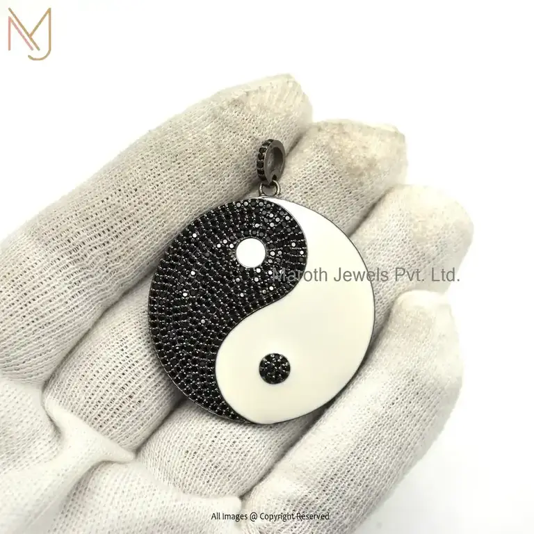 925 Silver Black Rhodium Plated Black Diamond Enamel Round Disc Pendant Jewelry Manufacturer