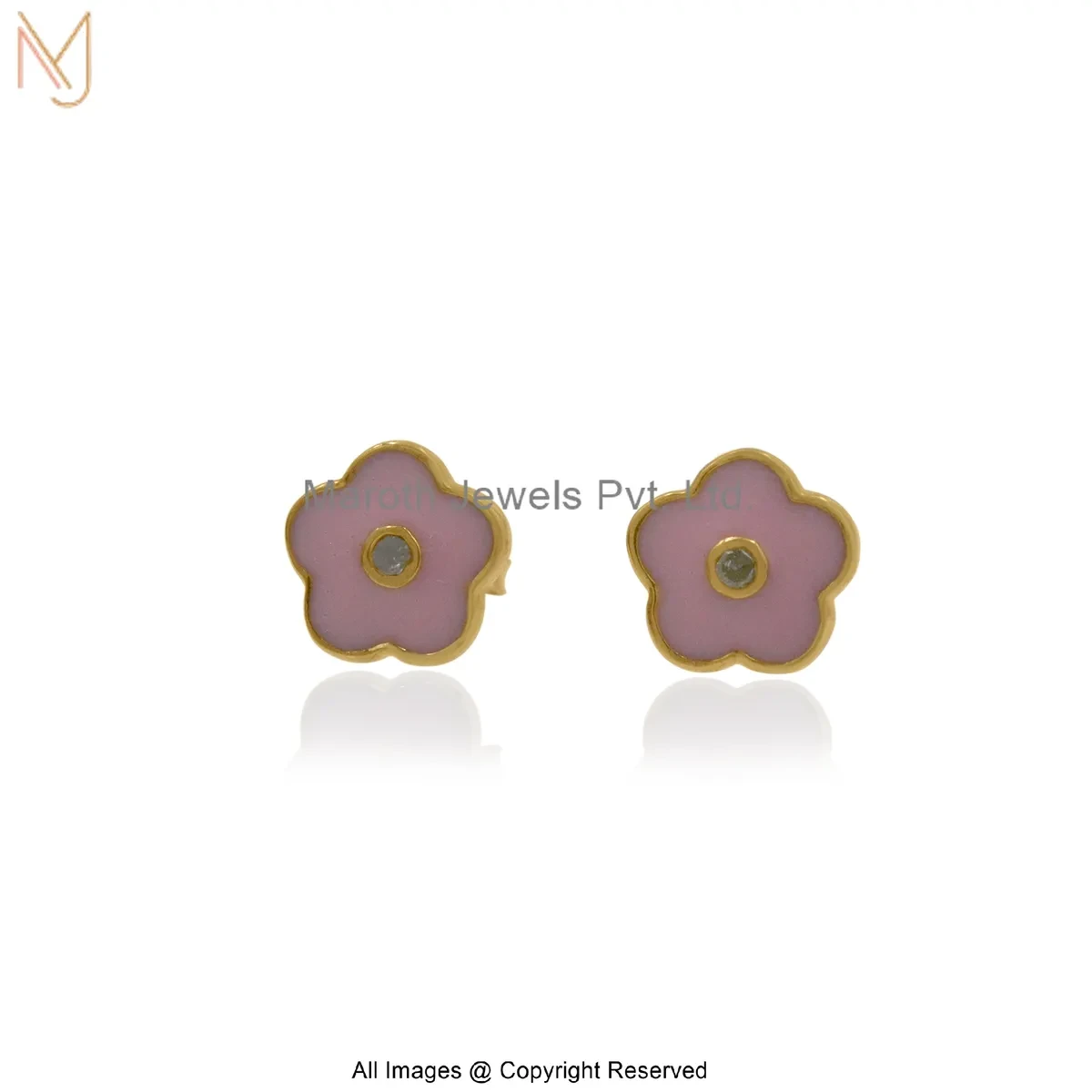 925 Silver Yellow Gold Plated Cubic Zircon Pink Enamel Flower Stud Earring Manufacturer