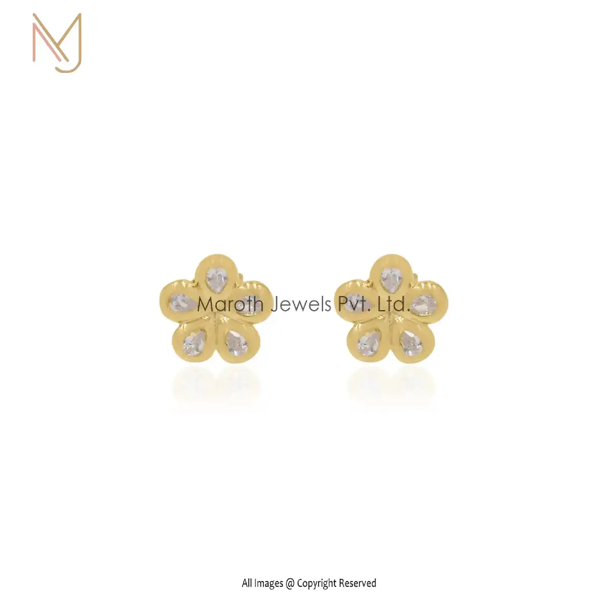 925 Silver Yellow Gold Plated Cubic Zircon Flower Stud Earring Custom Jewelry