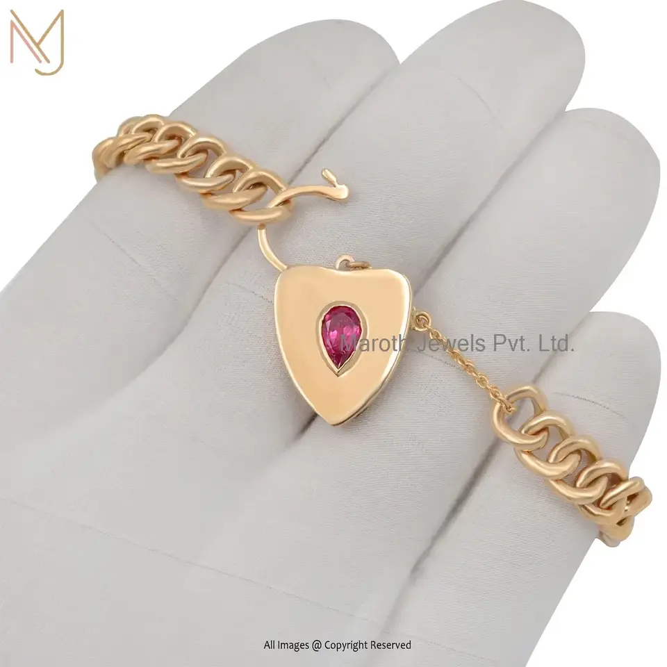 14K Yellow Gold Pink Tourmaline Gemstone Lock Chain Bracelet Jewelry Suppiler
