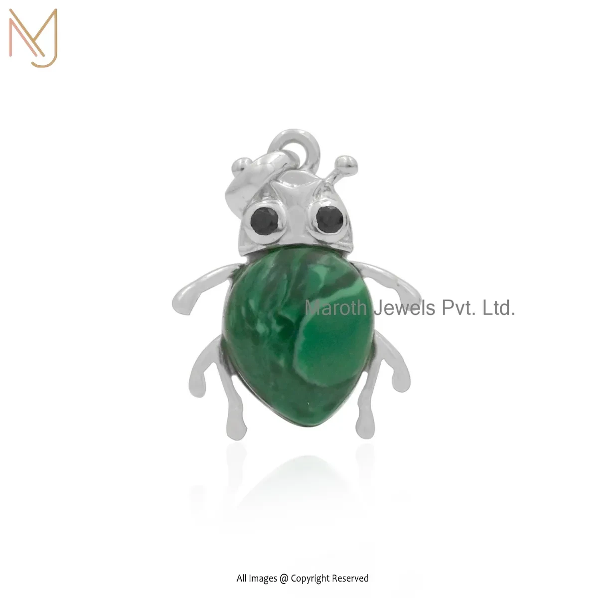 925 Silver Natural Silver Plated Malachite And Black Spinel Scarab Pendant Custom Jewelry