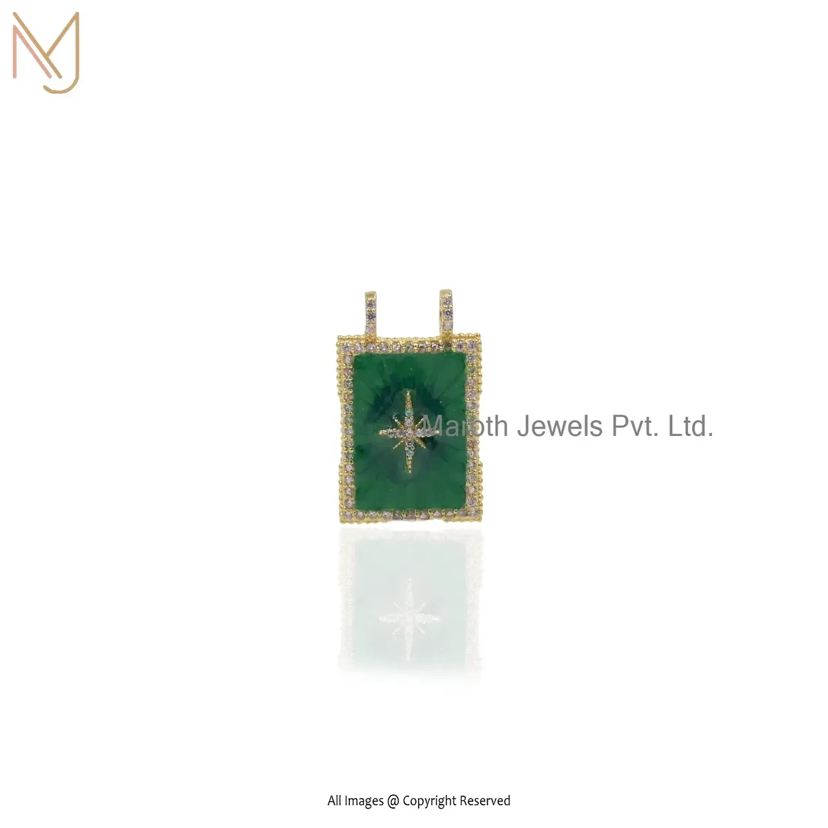 Wholesale 14K Yellow Gold Cubic Zircon & Green Enamel Gemstone Square Pendant