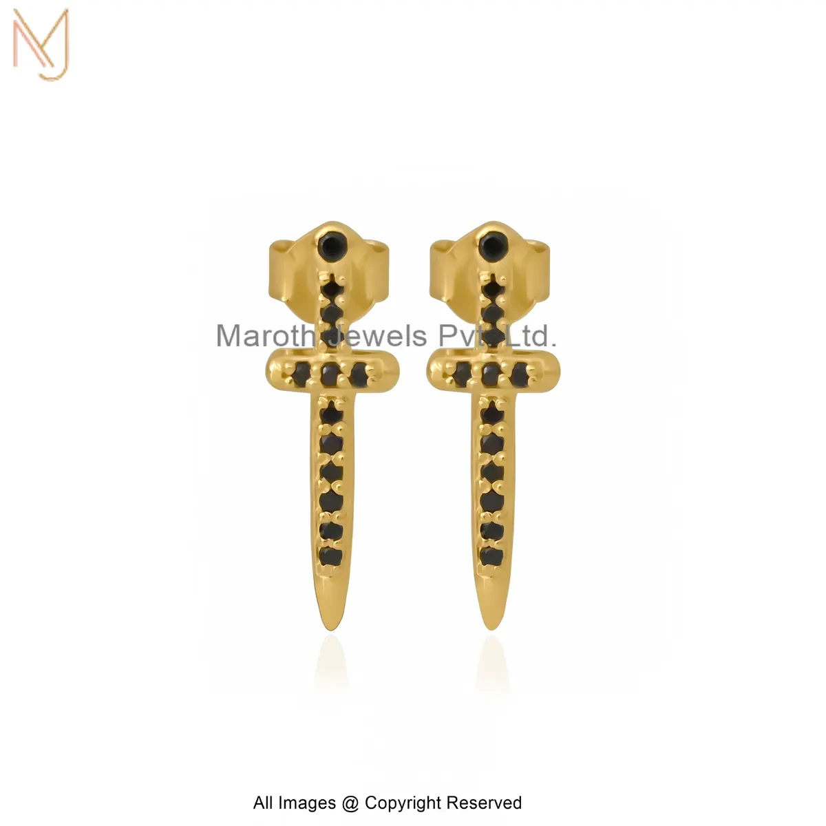 925 Silver Yellow Gold Plated Black Spinel Dagger Stud Earring Manufacturer