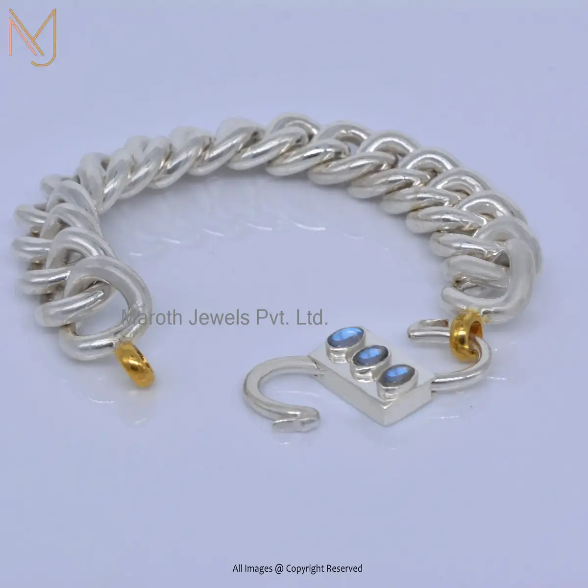 14K Yellow Gold And White Gold Labradorite Gemstone Padlock Chain Bracelet Jewelry Manufacturer