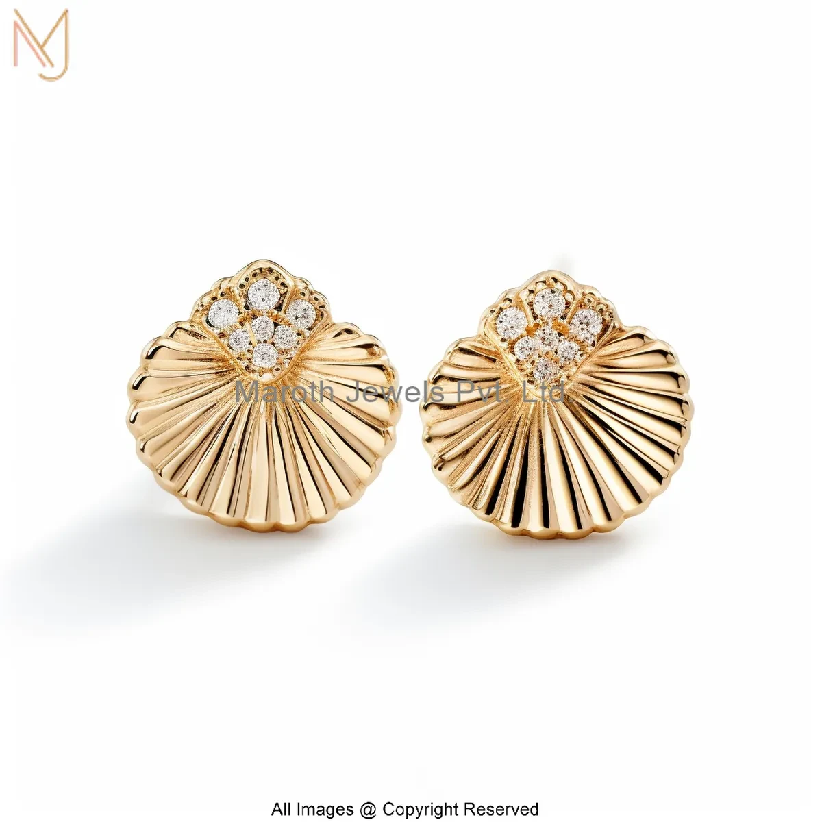 14K Yellow Gold Moissanite Diamond Shell Fan Gold Stud Earrings Manufacturer