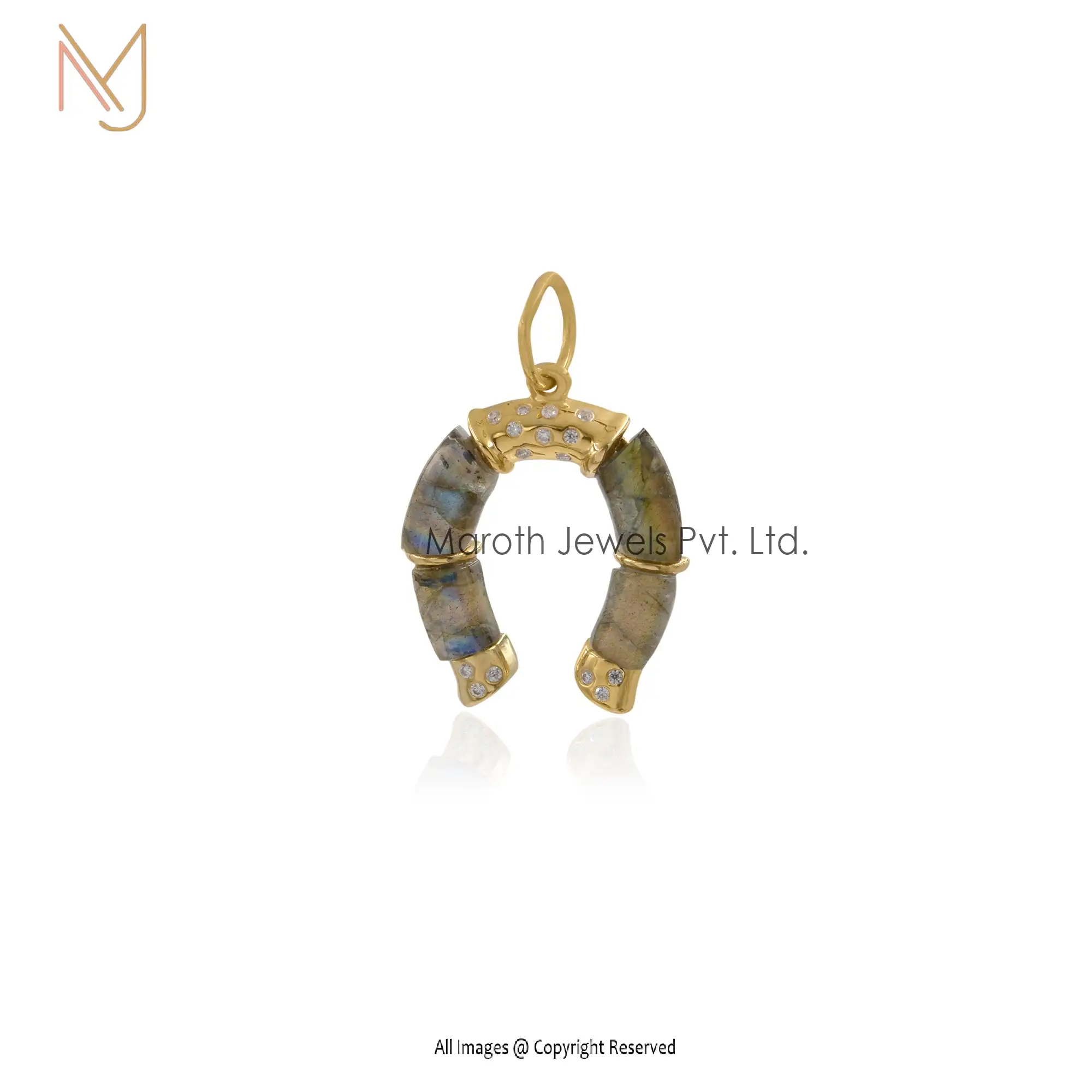 Wholesale 14K Yellow Gold Labradorite & Moissanite Horseshoe Charm Pendant Jewelry