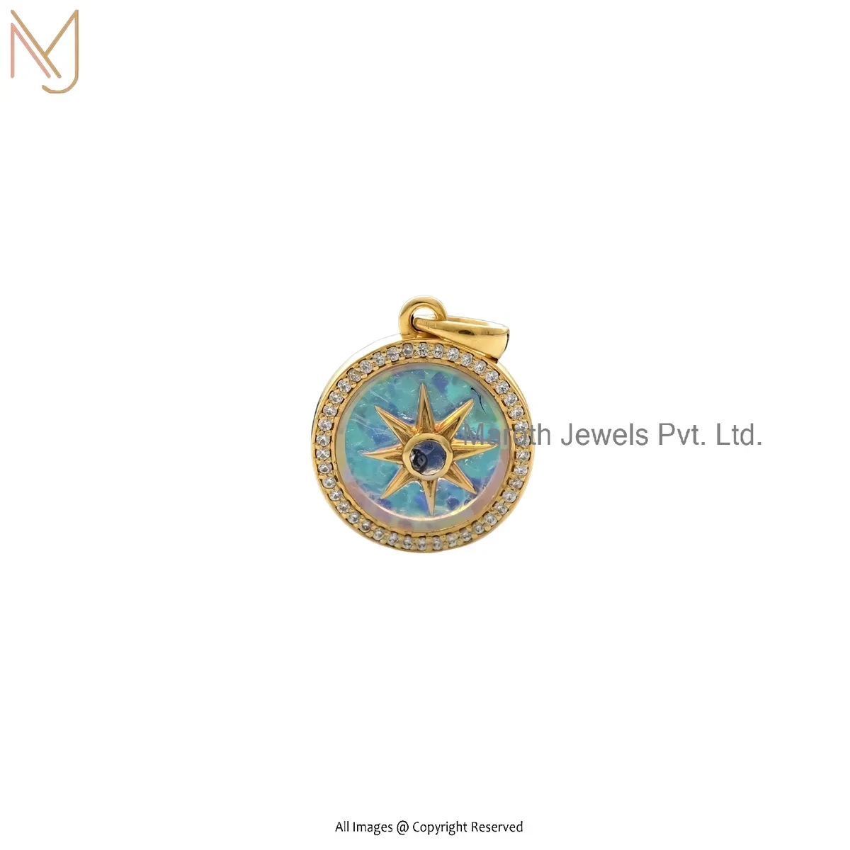 Wholesale 14K Yellow Gold Ethiopian Opal And Cubic Zircon Compass Pendant