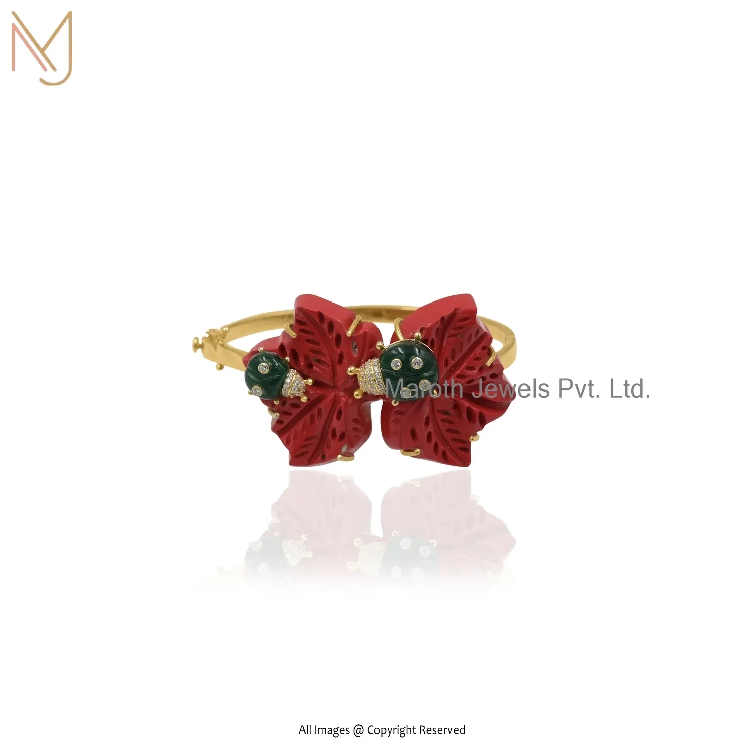 14K Yellow Gold Green Enamel & Red Coral And Flower Gemstone Bangle Jewelry Manufacturer
