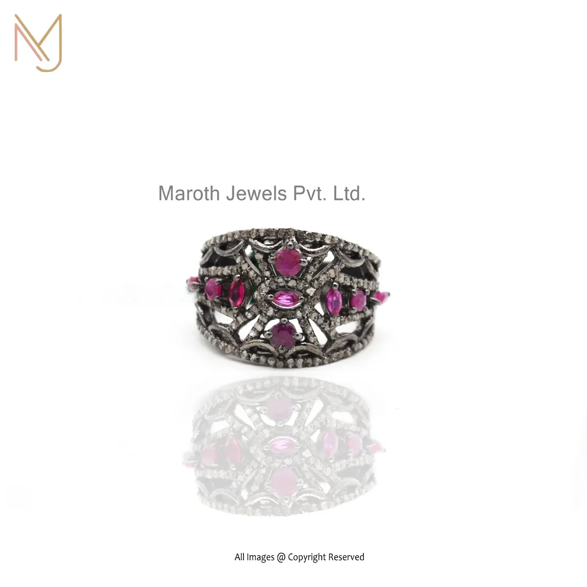 925 Silver Rhodium Plated Pave Diamond And Pink Sapphire Gemstone Antique Ruby Red Cocktail Ring USA