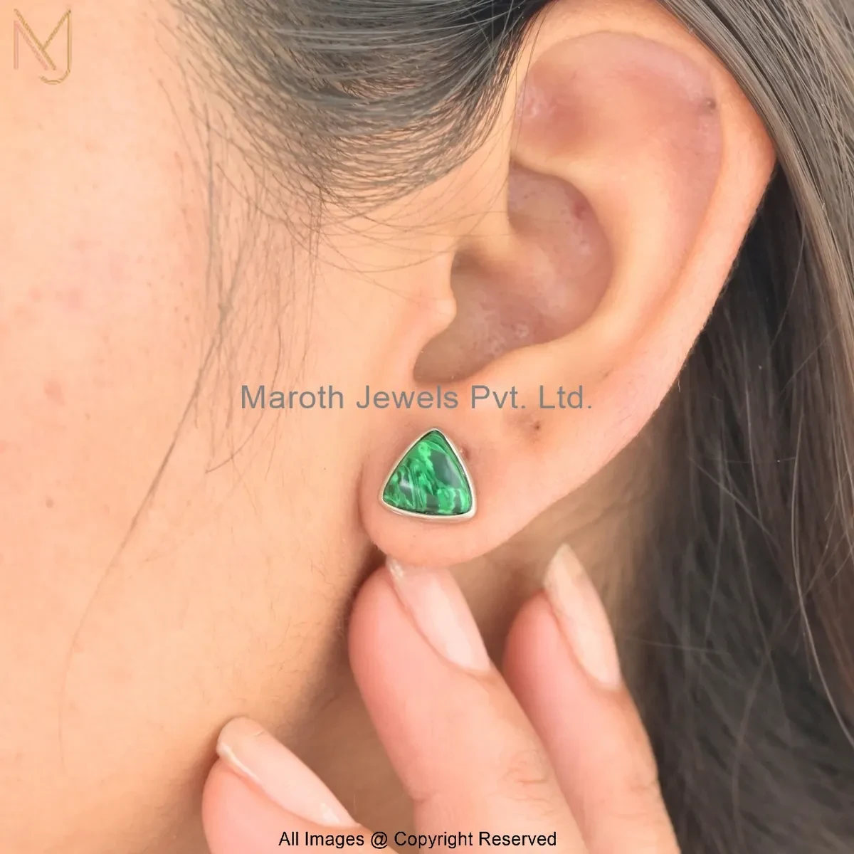 14K White Gold Malachite Triangle Stud Earring Custom Jewelry