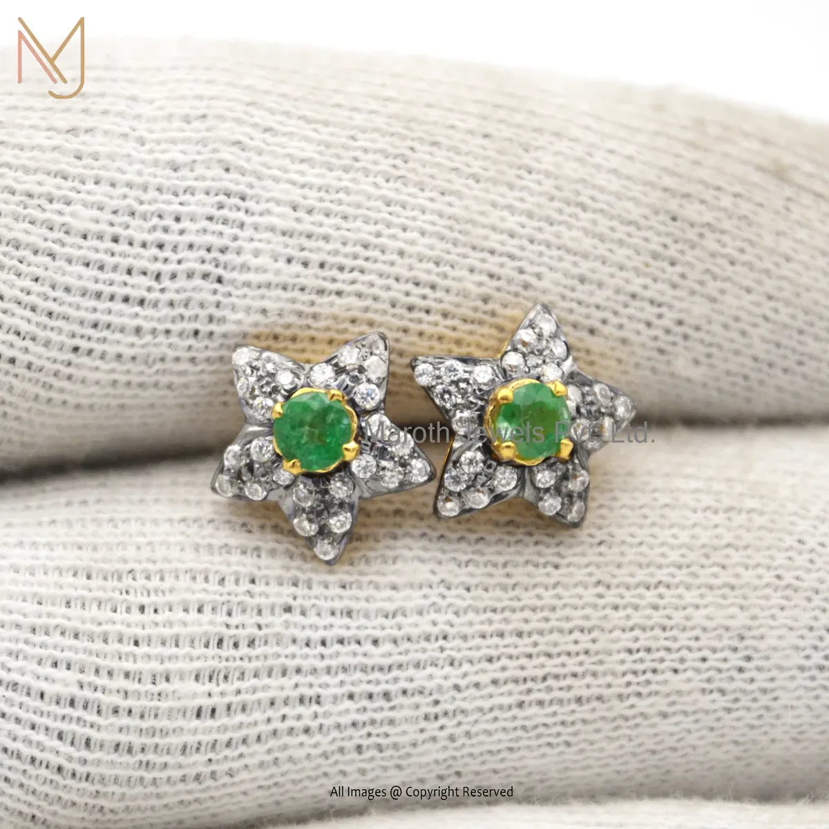 14K Yellow Gold Pave Diamond Emerald Star Studs Earrings Custom Jewelry