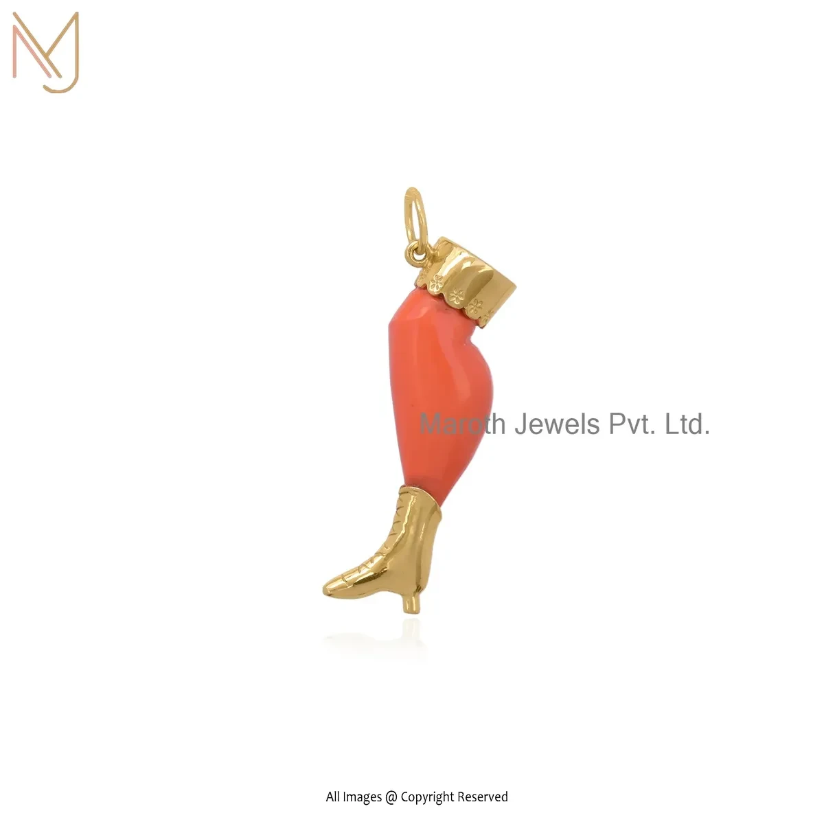 14K Yellow Gold Orange Coral Gemstone Leg Charm Pendant Jewelry Supplier