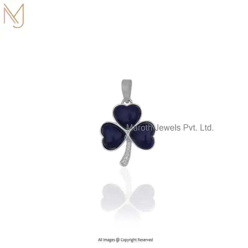 Private Lable 14K Yellow Gold Malachite & Moissanite Leaf Clover Pendant