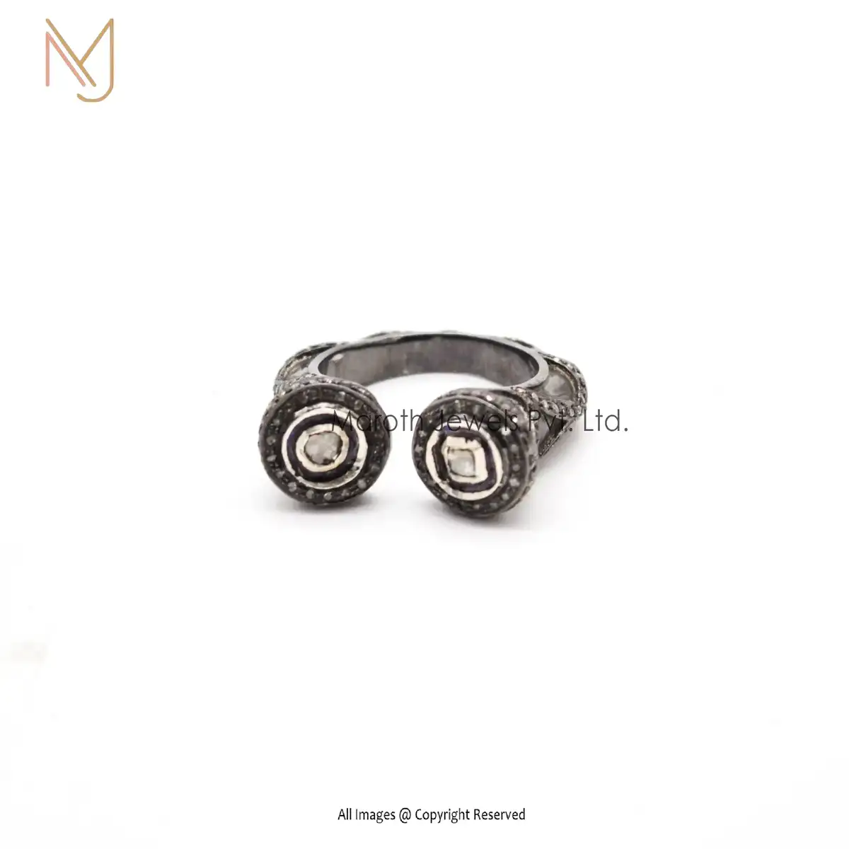 925 Silver Rhodium Plated Pave Diamond & Rose Cut Diamond Ring Jewelry Manufacturer