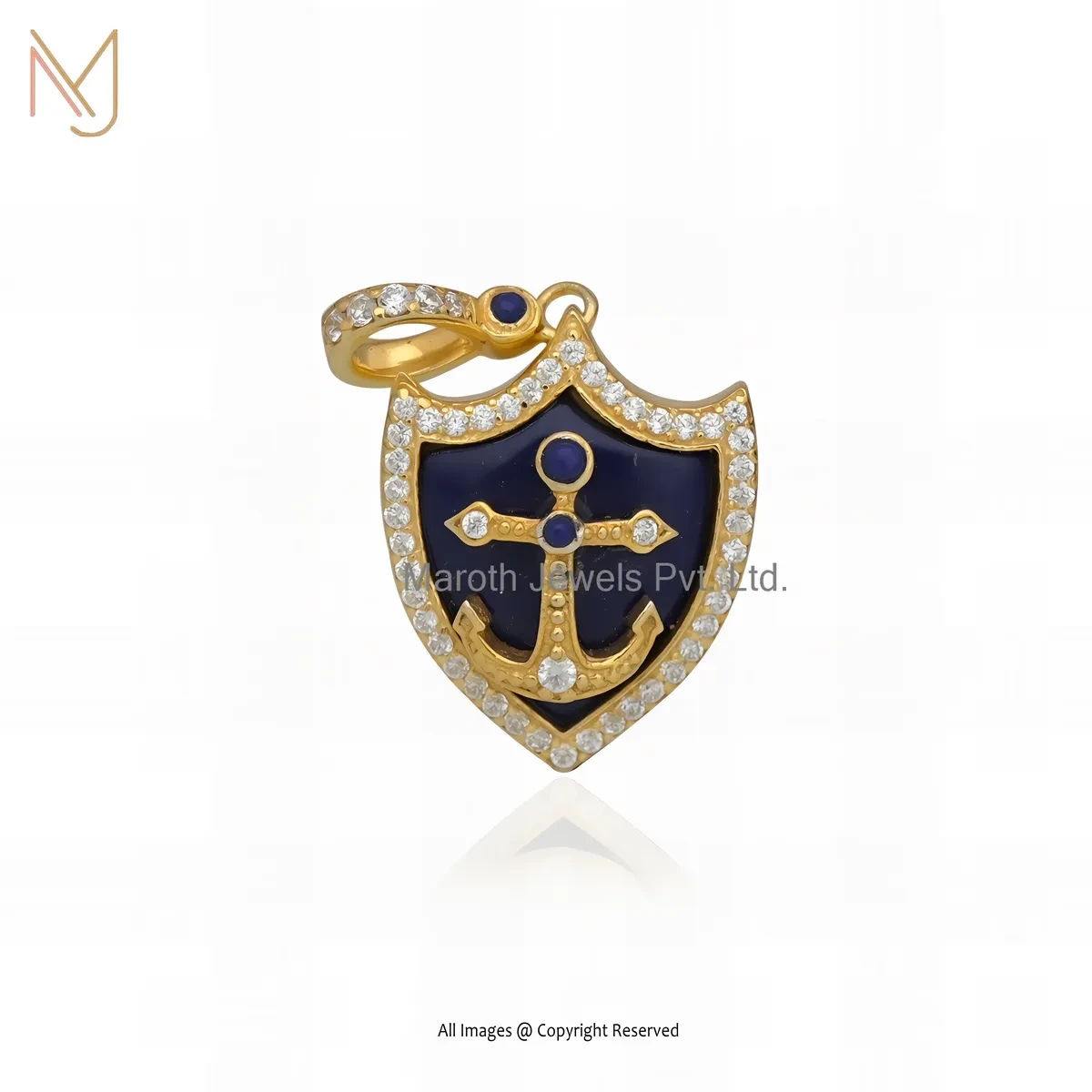 Private Lable 925 Silver Yellow Gold Plated Lapiz Lazuli & Cubic Zircon Shield Pendant