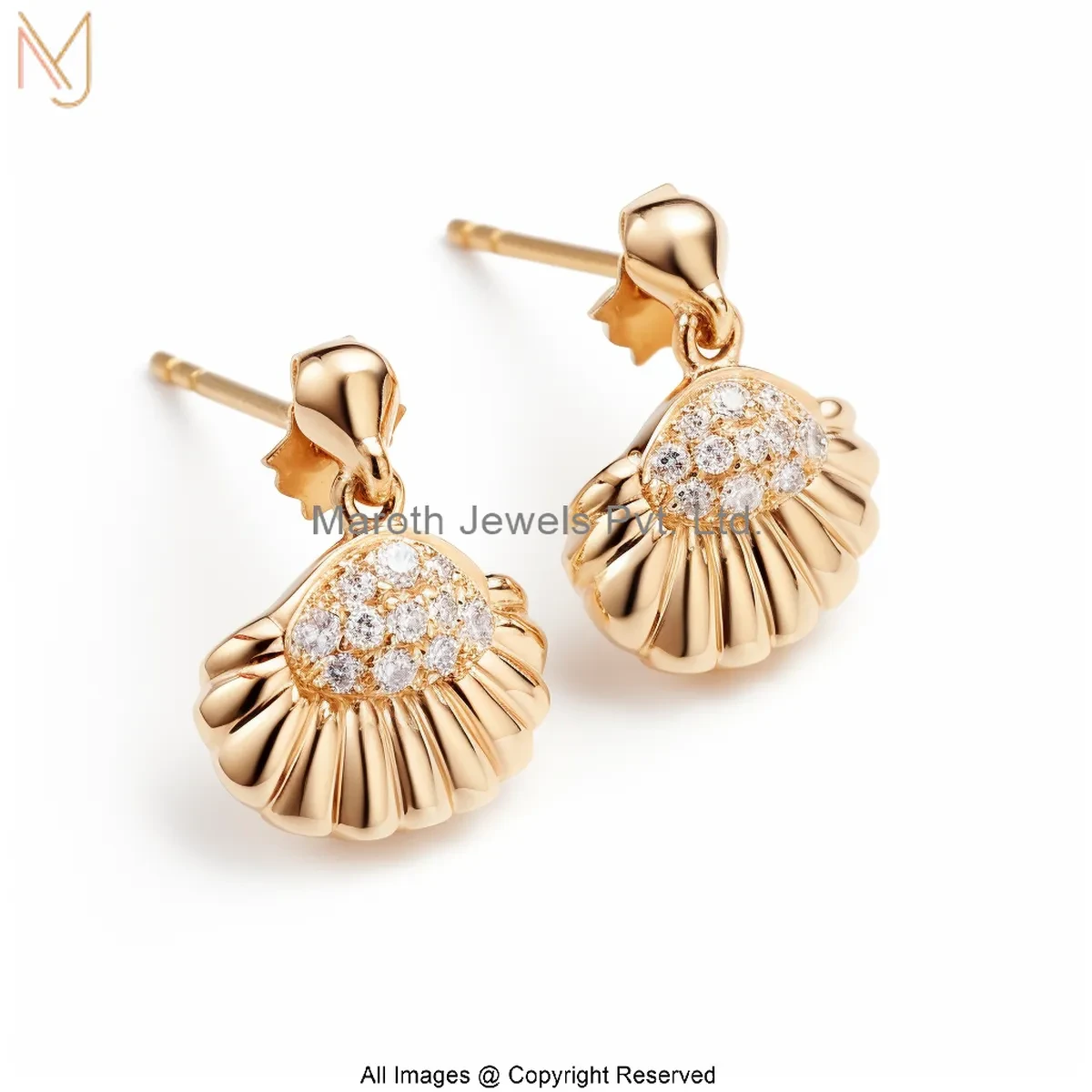 14K Yellow Gold Moissanite Gold-Toned Shell Drop Earring Custom Jewelry