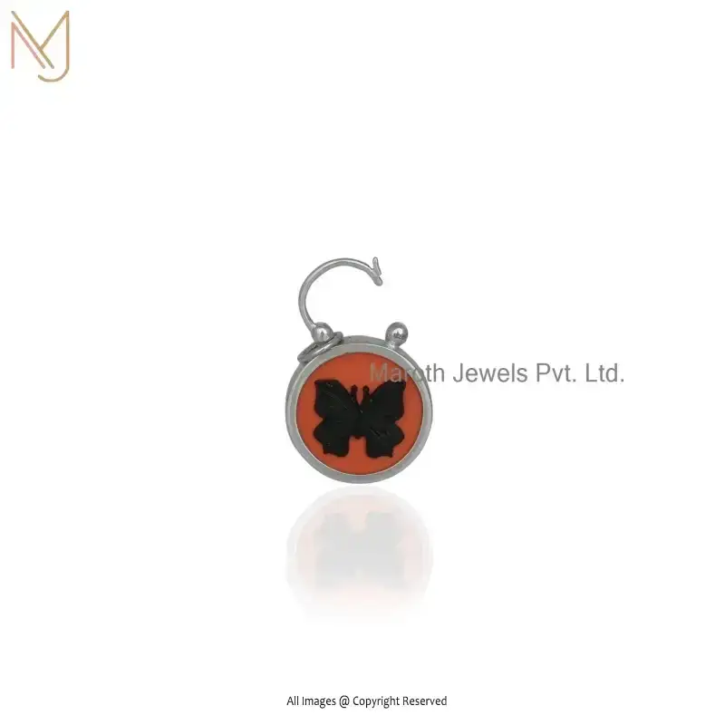 925 Silver Natural Silver Plated Orange Coral & Black Onyx Butterfly Padlock Pendant Jewelry Supplier