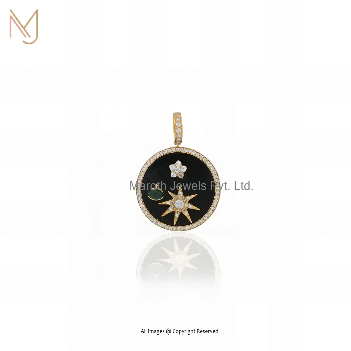 925 Silver Yellow Gold Plated Cubic Zircon & Black Onyx Gemstone Star Disc Pendant USA