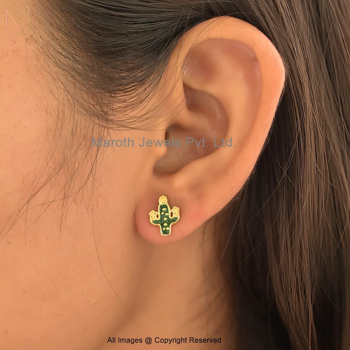 925 Silver Yellow Gold Plated Green Enamel Cactus Stud Earring Manufacturer