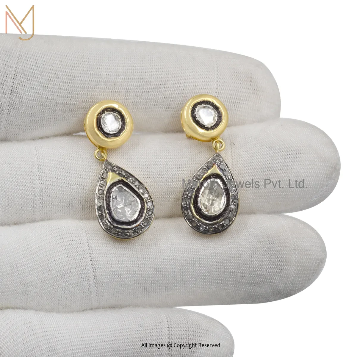 925 Silver Rhodium Yellow Gold Plated Polki Rose Cut Diamond Dangle Earring Custom Jewelry