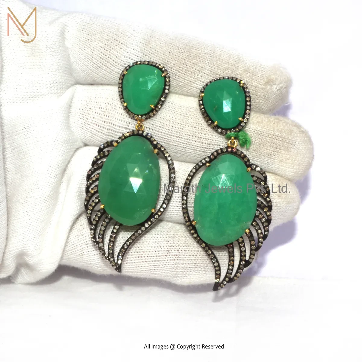 925 Silver Rhodium Yellow Gold Plated Pave Diamond Green Onyx Dangle Earring Manufcaturer