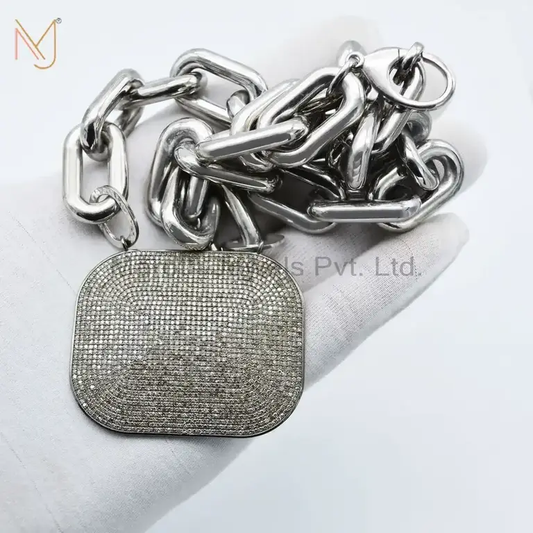 925 Silver Natural SIlver Plated Pave Diamond Square Pendant Manufacturer