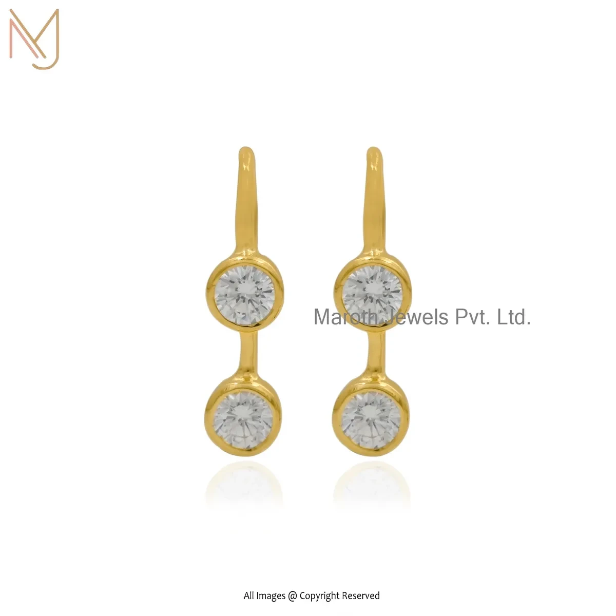 14K Yellow Gold Cubic Zircon Designer Round Shape Diamond Hoop Earring USA