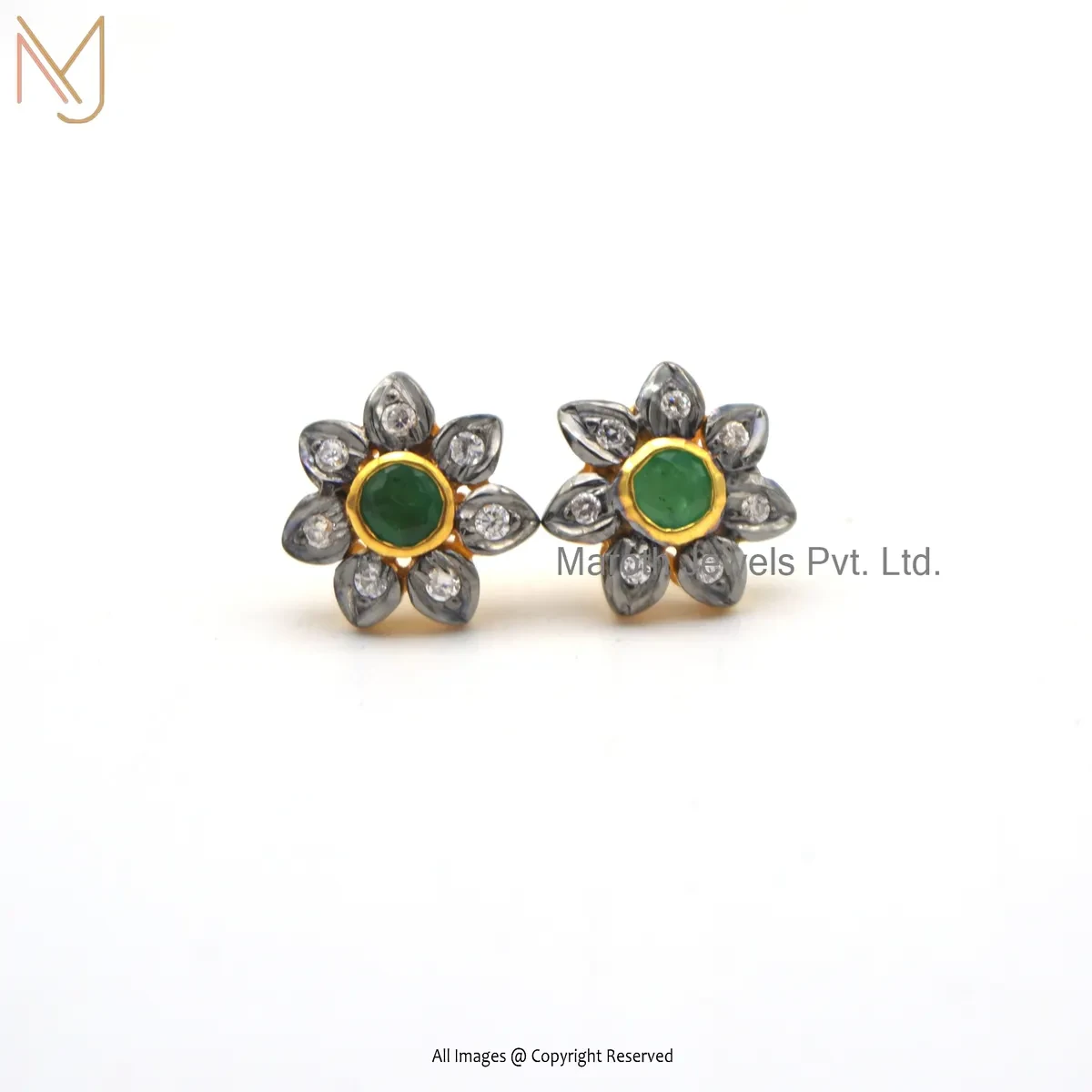 Private Lable 14K Yellow Gold Cubic Zircon Emerald Gemstone Flower Shape Stud Earring
