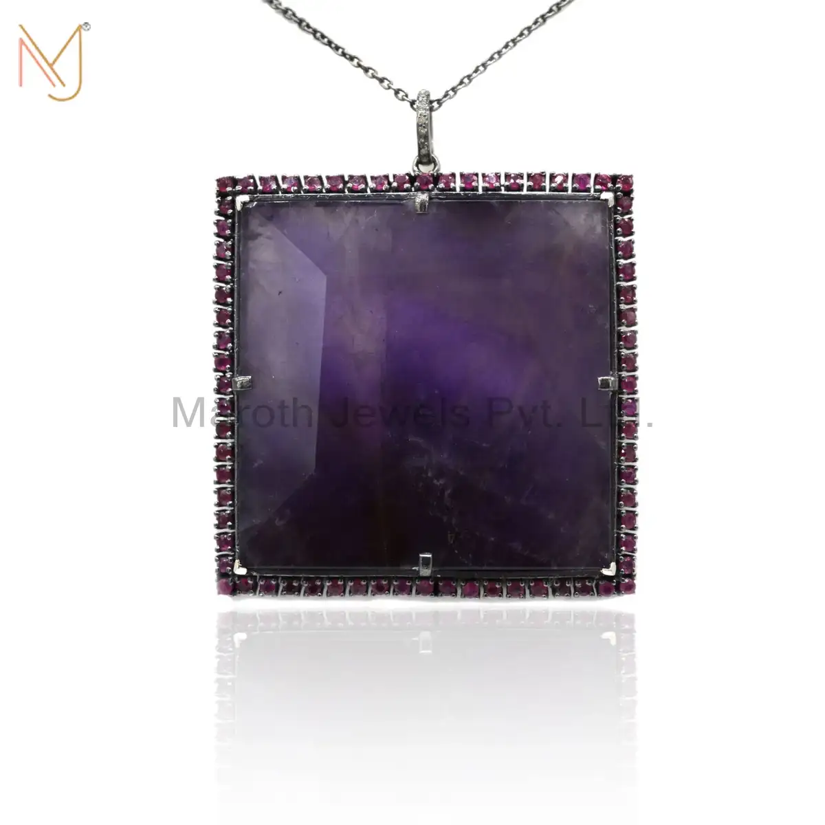 925 Silver Rhodium Pave Ruby And Amethyst Gemstone Square Pendant Necklace Jewelry USA