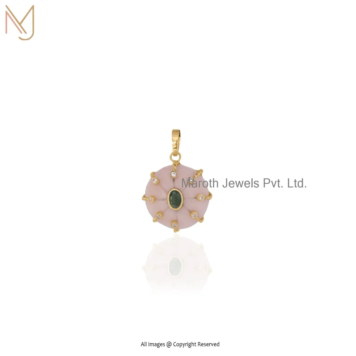 Wholesale 925 Silver Yellow Gold Plated Pink Opal & Emerald Flower Gemstone Pendant