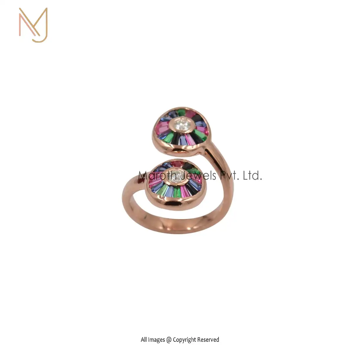 925 Silver Rose Gold Moissanite Multi Baguette Rainbow Rings Manufacturer