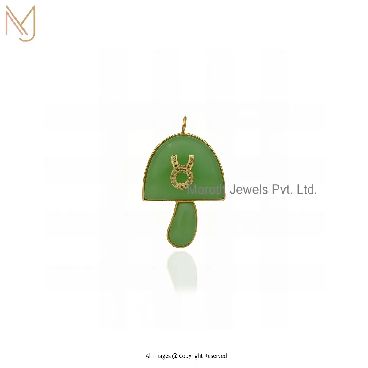 Private Lable 14K Yellow Gold Green Opal And Green Cubic Zircon Large Magic Mushroom Pendant