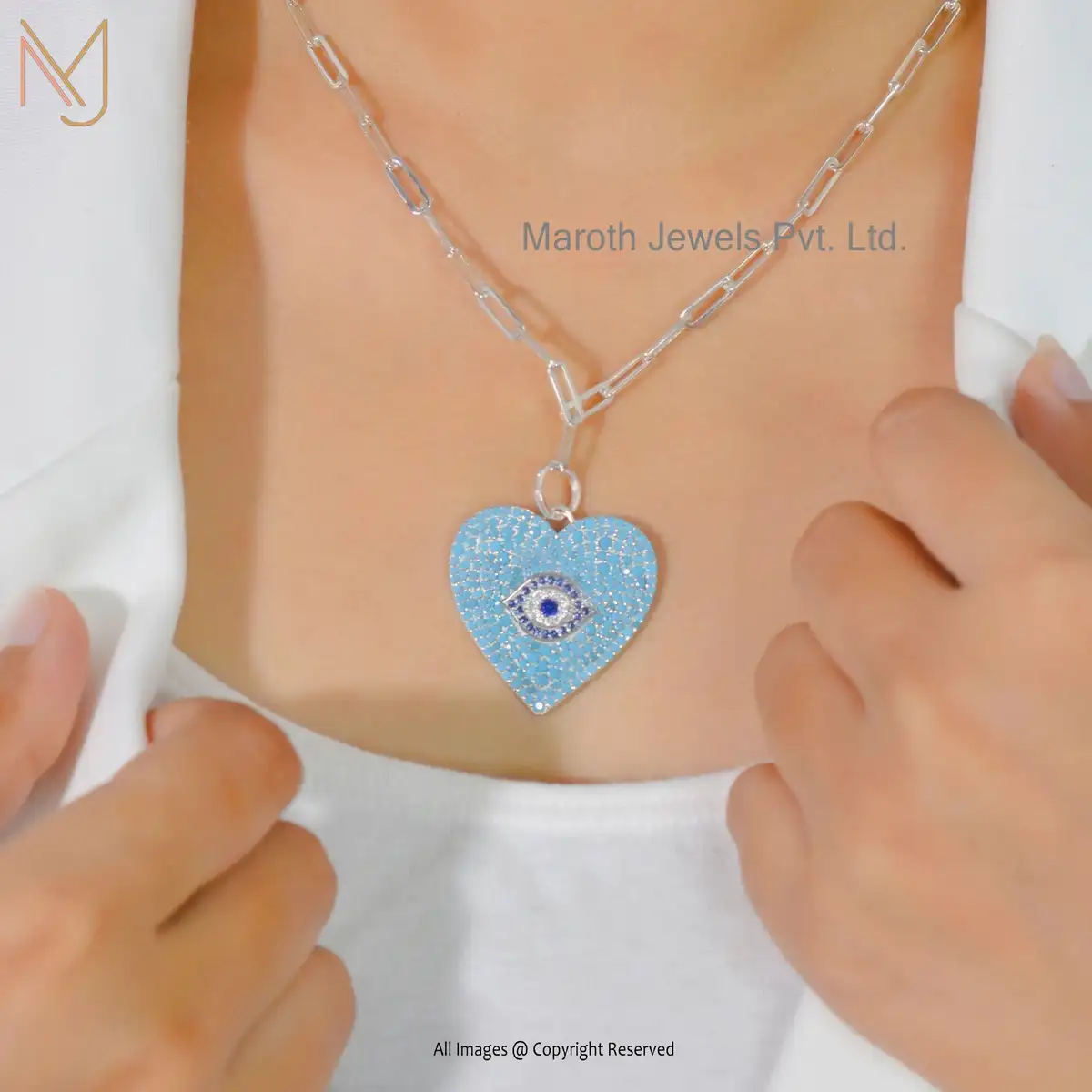 Wholesale 925 White Gold Turquoise/Blue Sapphire And Cubic Zircon Heart Evil Eye Pendant Necklace Jewelry