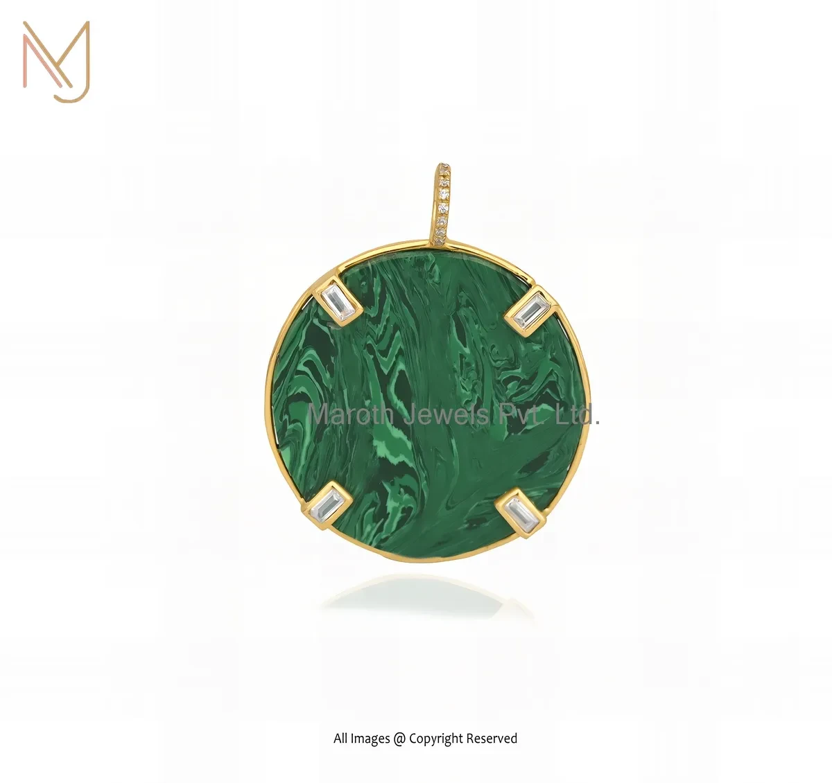 Private Lable 14K Yellow Gold Malachite & Baguettes And White Cubic Zircon Disc Pendant