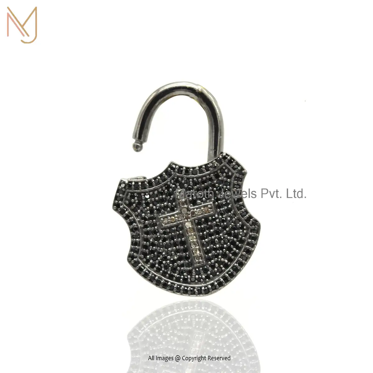 925 Silver Rhodium Plated Pave Diamond & Black Spinel Cross Lock Pendant Jewelry Supplier