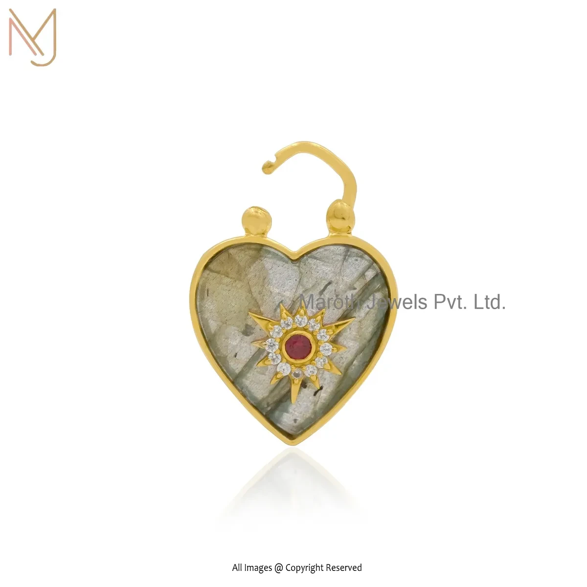 Private Lable 925 Silver Yellow Gold Plated Ruby Cubic Zircon & Black Onyx Heart Padlock Pendant