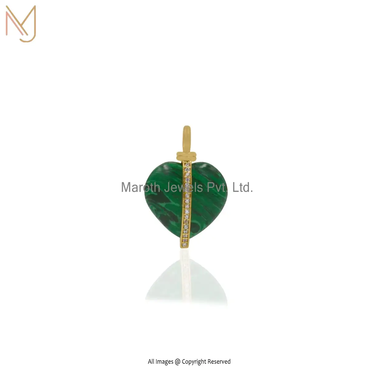 14K Yellow Gold  Malachite & Cubic Zircon Heart Pendant Manufacturer