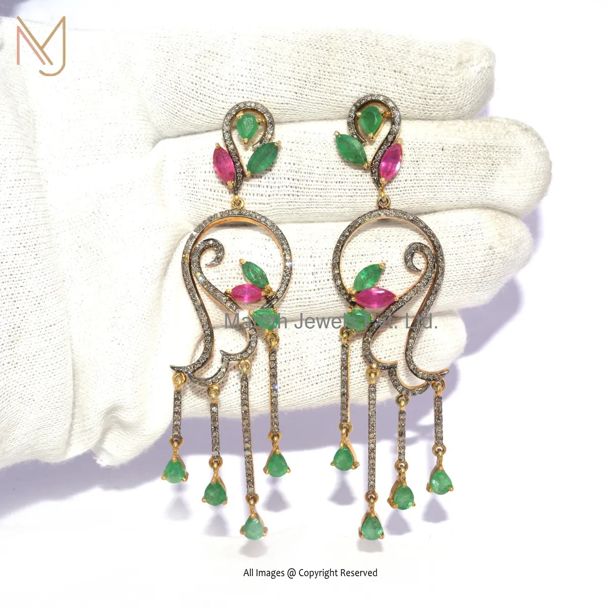 Wholesale 925 Silver Rhodium Yellow Gold Plated Pave Dimaond , Ruby , Emerald , Designer Multi Gemstone Dangle Earring