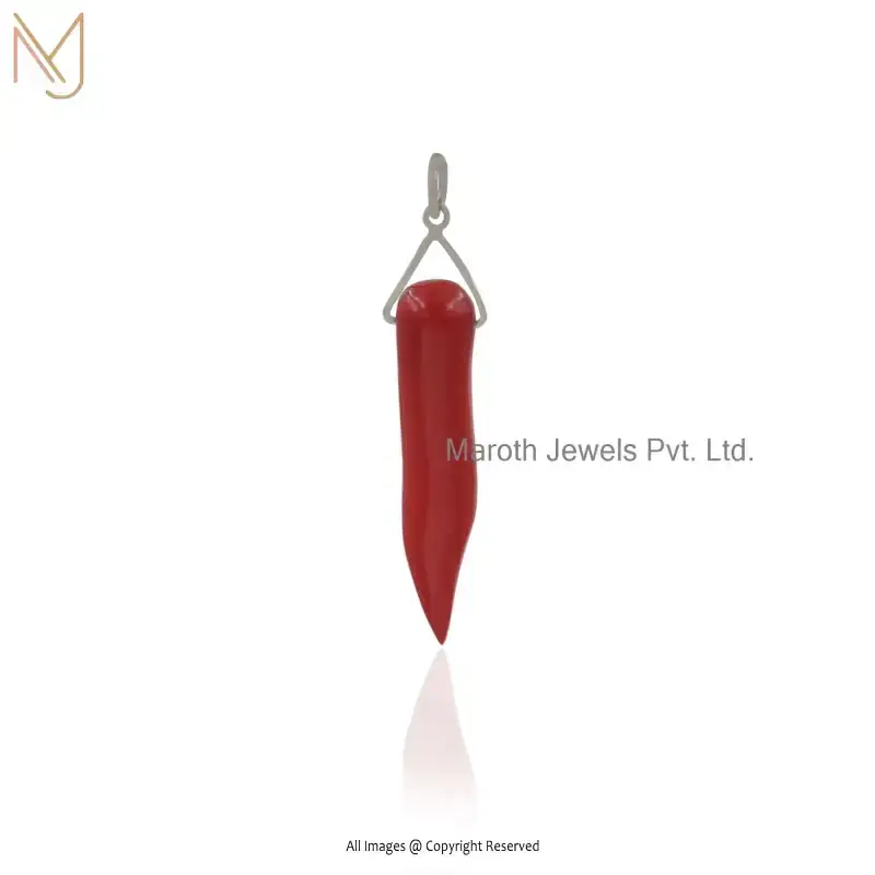925 Sterling Silver Natural Silver Plated Red Coral Horn Charm Pendant Jewelry Supplier