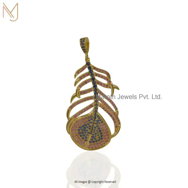 Private Lable 14K Yellow Gold Pink Sapphire & Blue Sapphire Cubic Zircon Peacock Feather Charm Pendant
