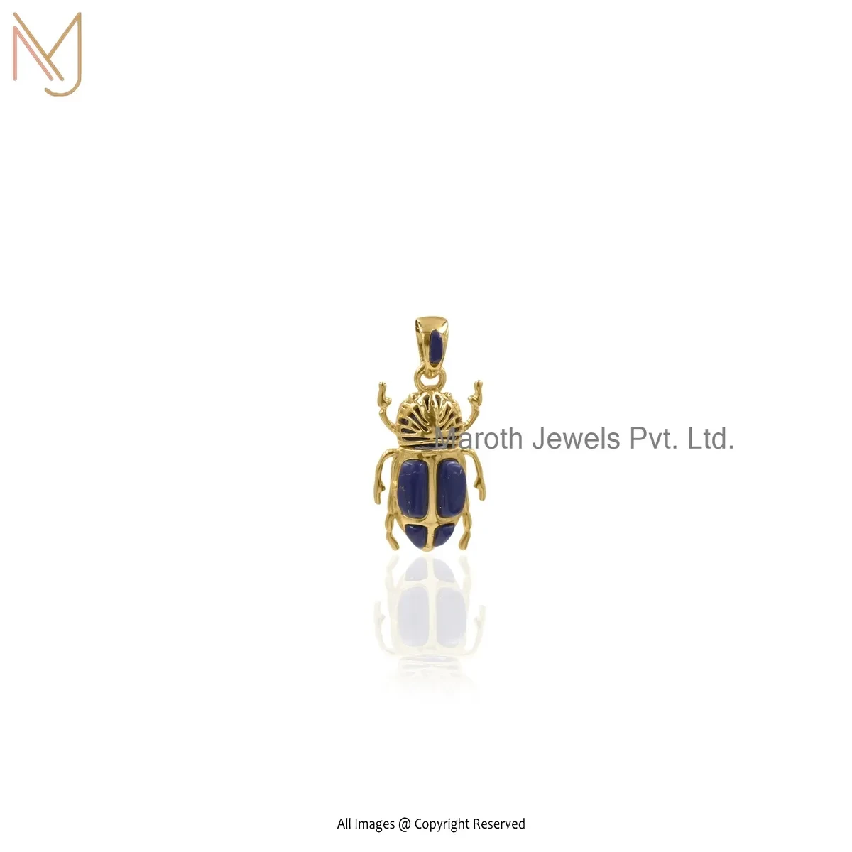 925 Silver Yellow Gold Plated Lapiz Lazuli Gemstone Scarab Charm Pendant Jewelry Supplier